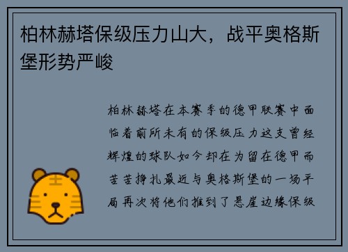 柏林赫塔保级压力山大，战平奥格斯堡形势严峻